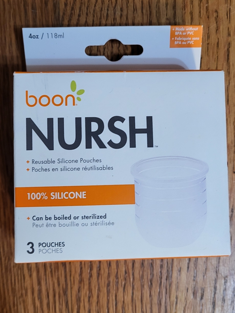 boon NURSH Reusable Silicone Pouches - White & Orange Packaging